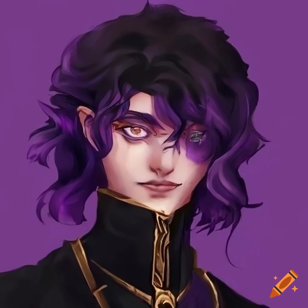 Young mage man with violet eyes, purple robes, and black long hair on