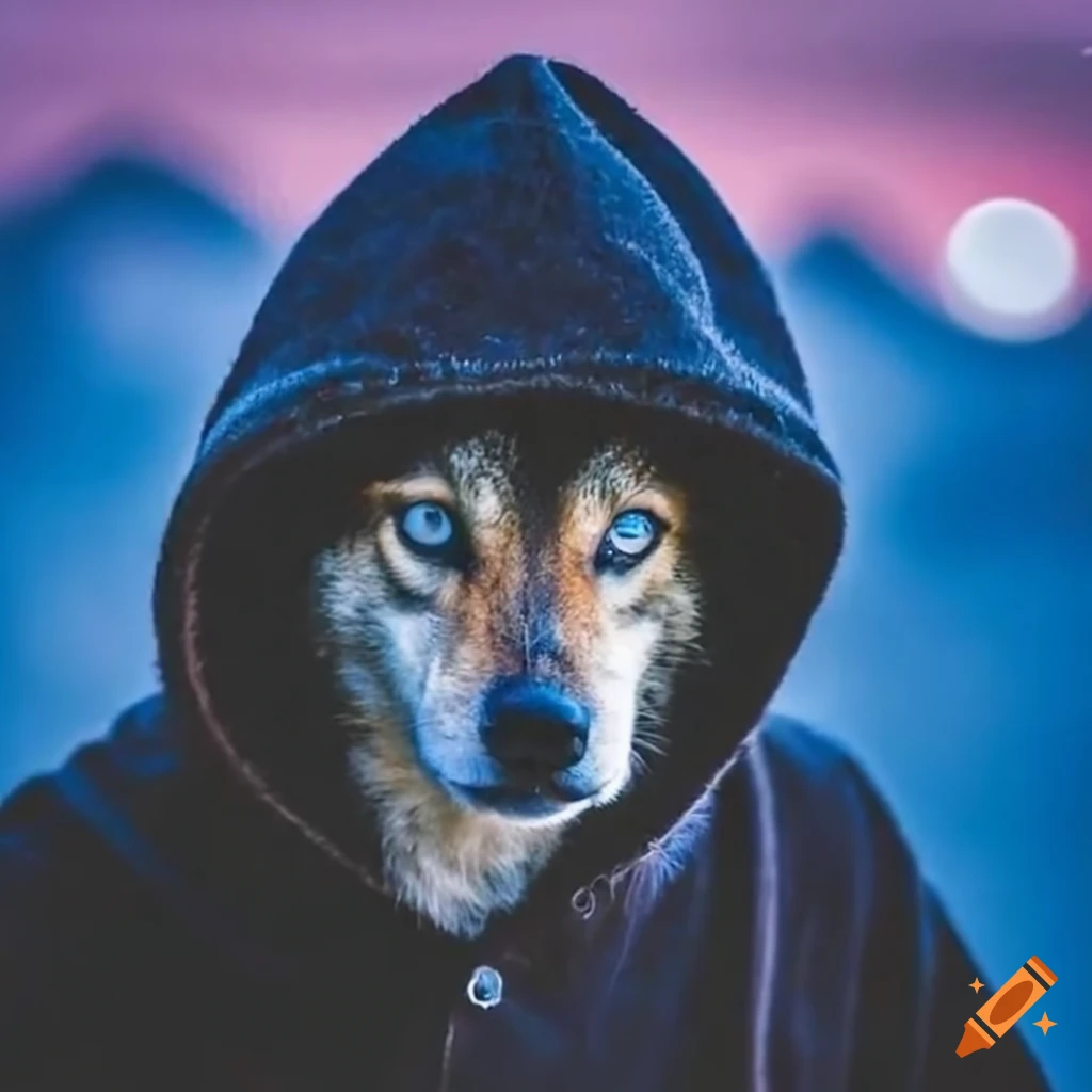 Close-up of a wolf with bright blue eyes wearing a black hooded sweater under night sky