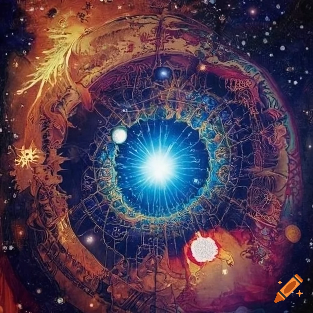 Intricate tapestry illustrating the vastness of the cosmos and the creation and destruction of multiple universes
