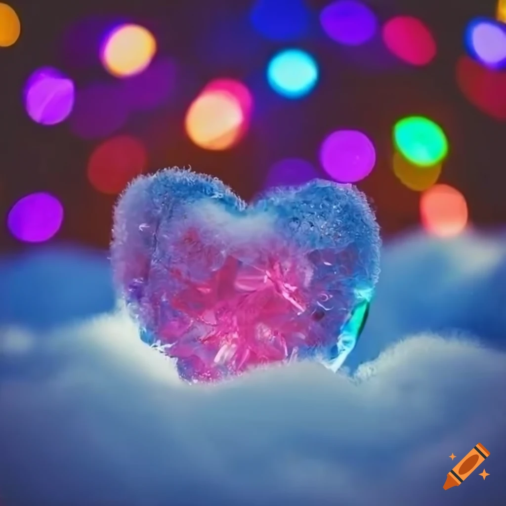 Heart made of ice and snow in knitted mitts with colorful bokeh background