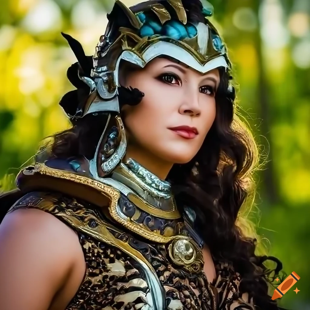 Busty beautiful amazon warrior wearing armor made of animal hides and