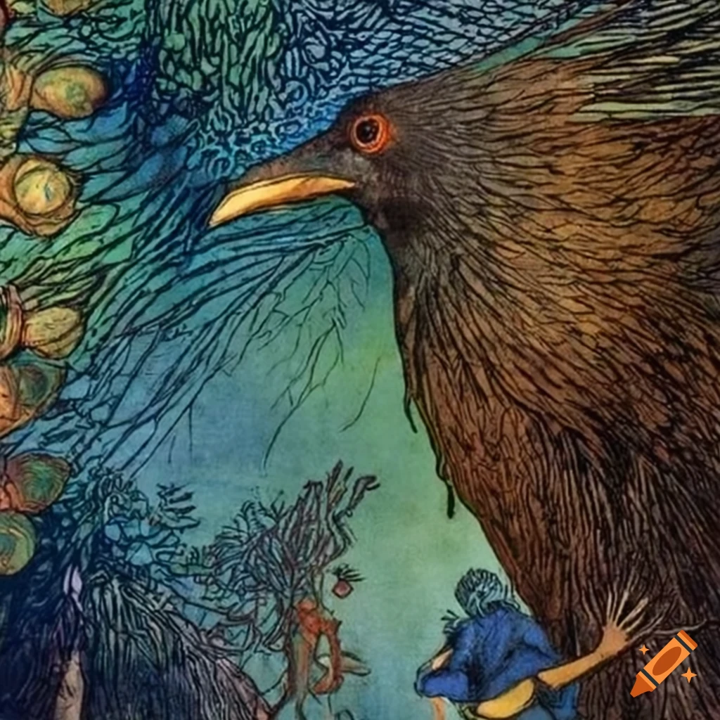 Raven walking in a forest garden at twilight with a colorful iridescent Peacock hooded cloak