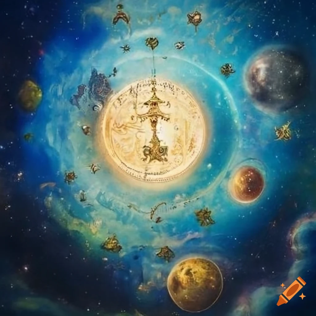 Lord Vishnu unveiling his cosmic plan with a map of the amrita location