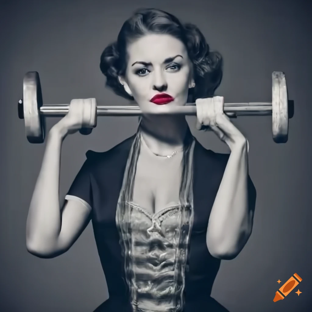 Confident elegant lady lifting weights in a vintage commercial on Craiyon