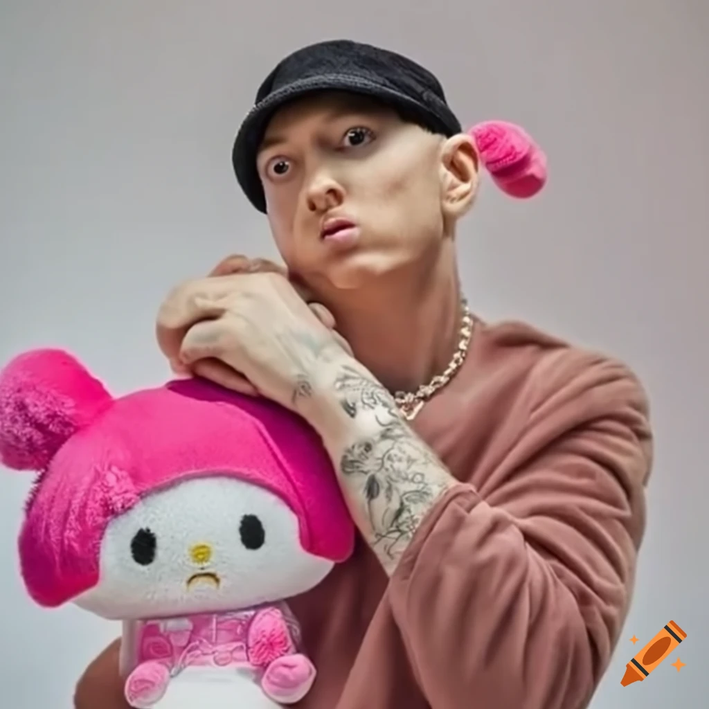 Eminem holding a My Melody plush
