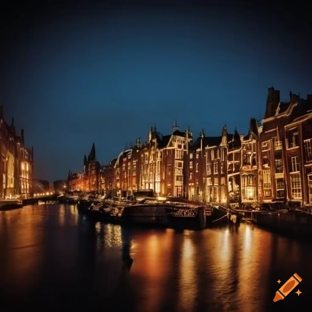 Vue of Amsterdam at night, old tattoo style