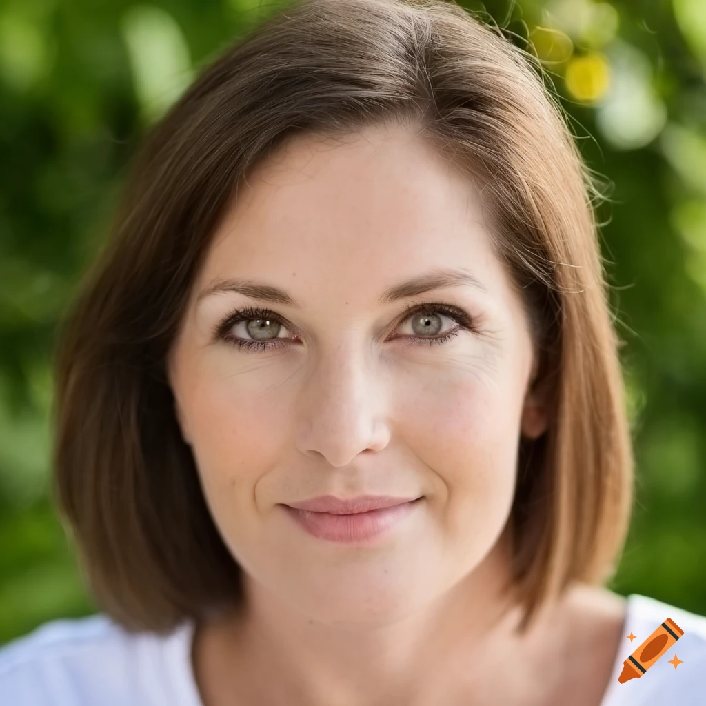 Portrait Of A 49 Year Old Woman With Brown Hair And Light Blue Eyes On 