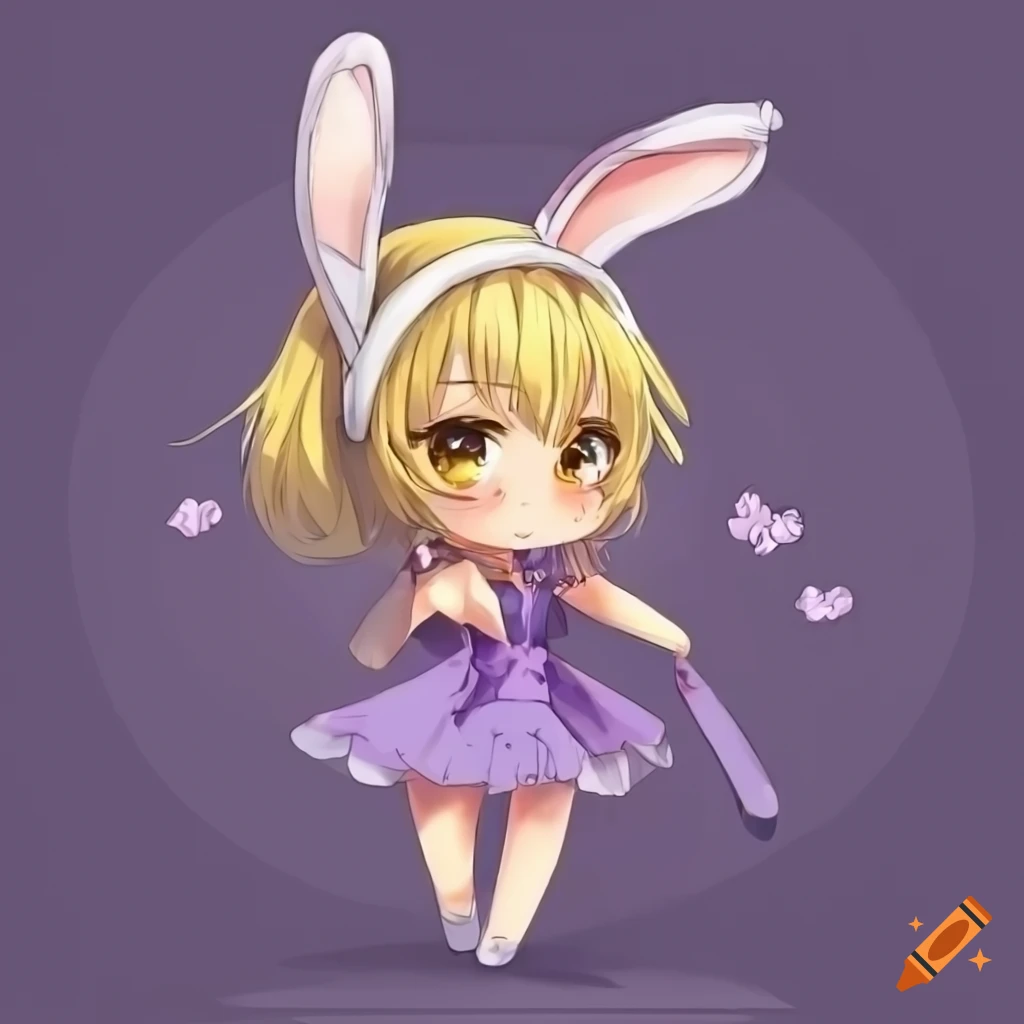 Adorable chibi anime rabbit girl with yellow eyes and yellow braids in a purple dress and rabbit ears