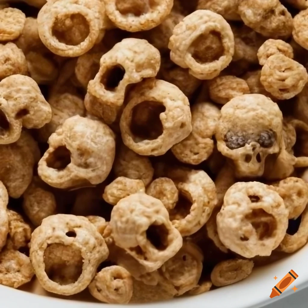 Illustration of a skull-shaped cereal bowl with cereal