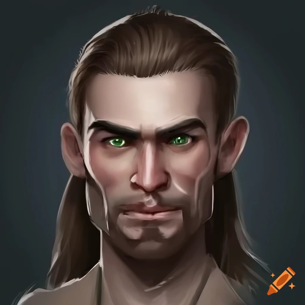 Male fantasy character with a stoic expression and long brown hair tied ...