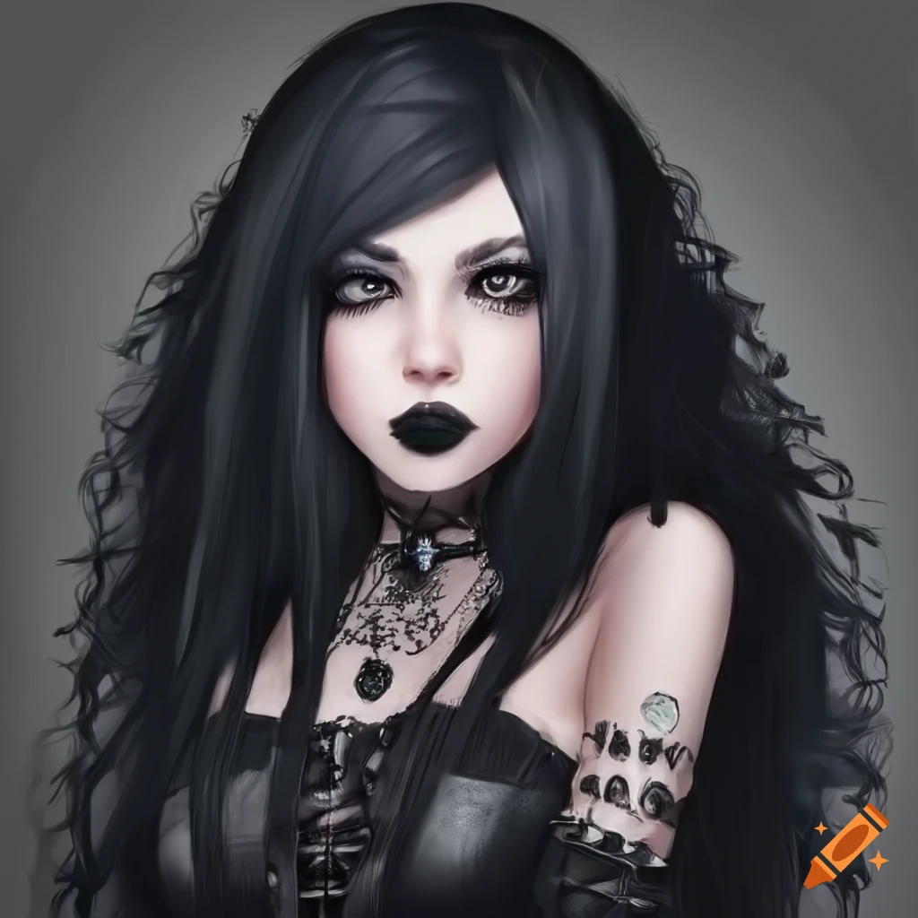 Cute, gothic girl with dark eyes, jet black hair, ghostly complexion ...