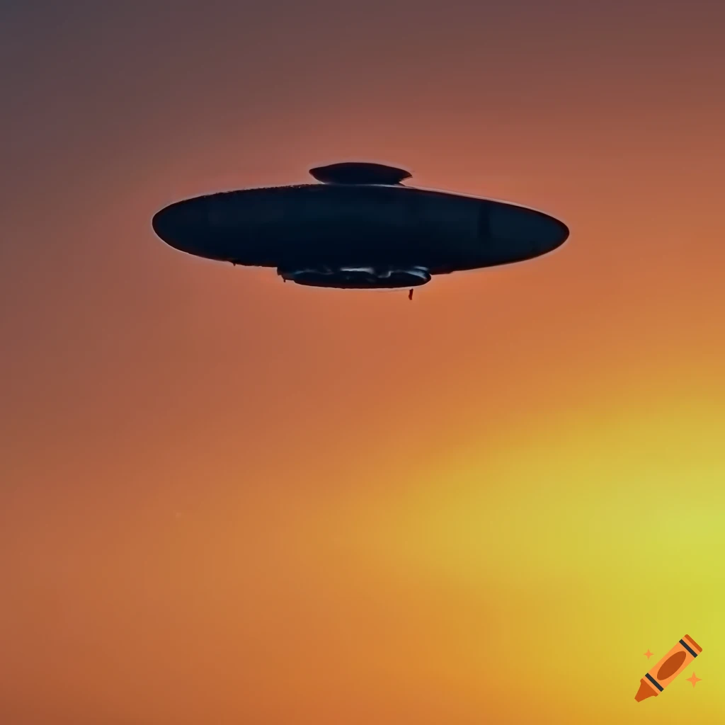 Blurry photo of a flying saucer UFO in the sunset sky