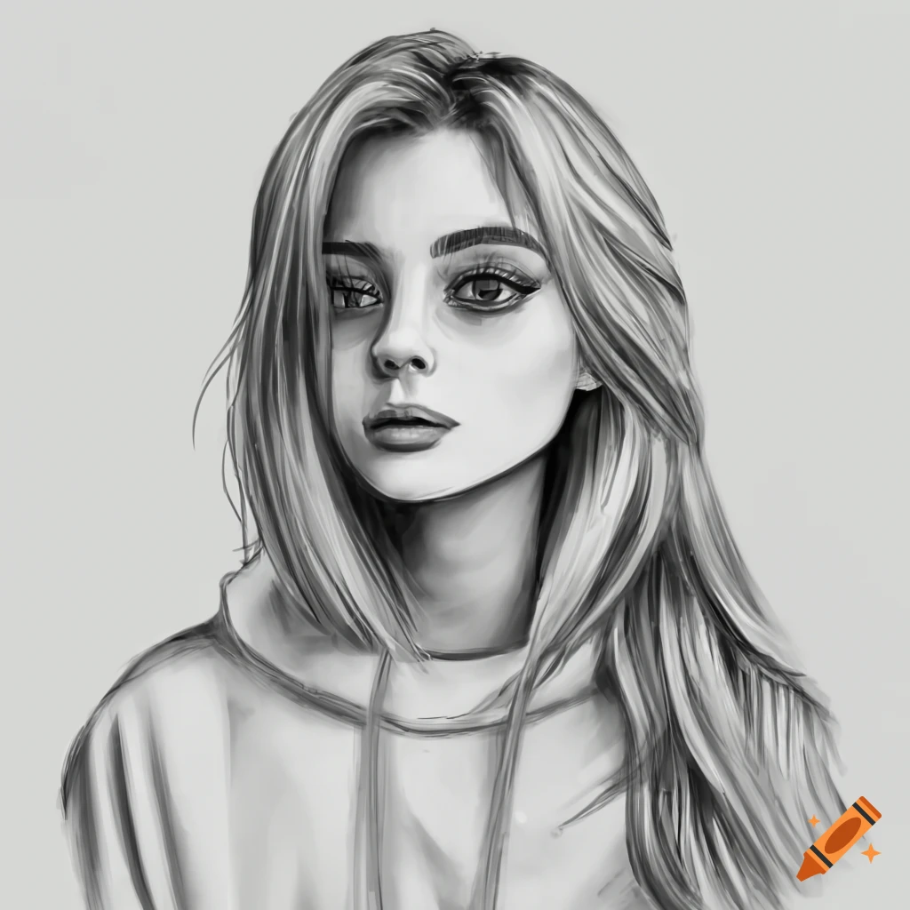 Black and white pencil drawing of a cute college woman with blonde hair