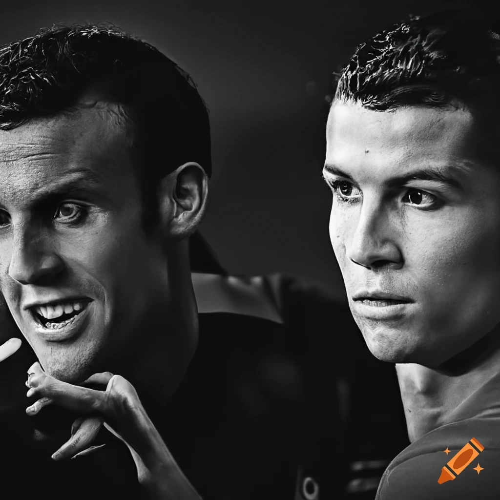 Portrait of Macron playing soccer with Cristiano Ronaldo