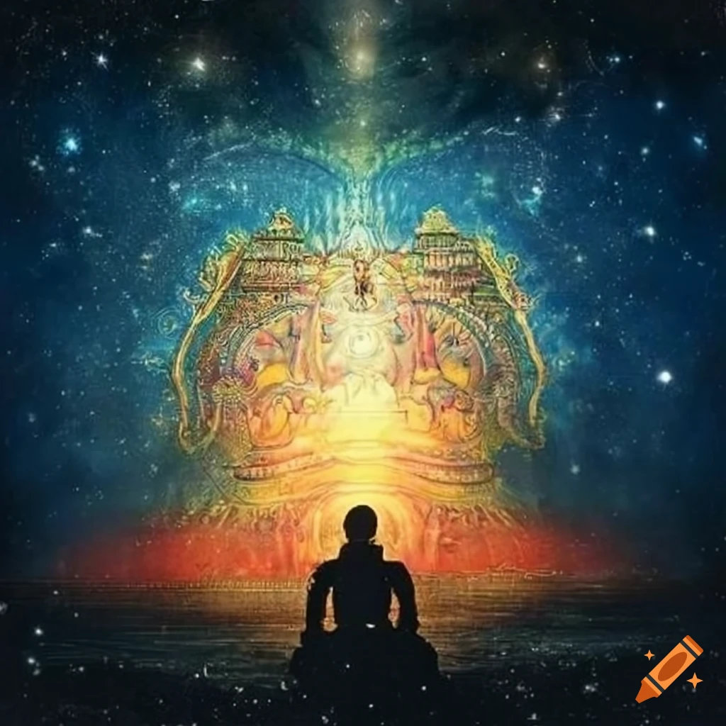 Lord Vishnu unveiling his cosmic plan with a map of the amrita location