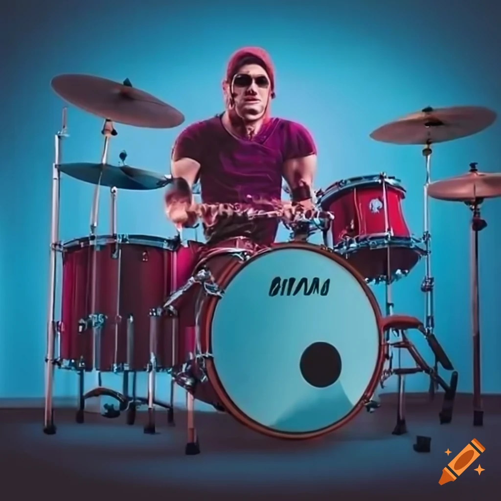 Rock drummer playing a 7piece drum kit outdoors on Craiyon