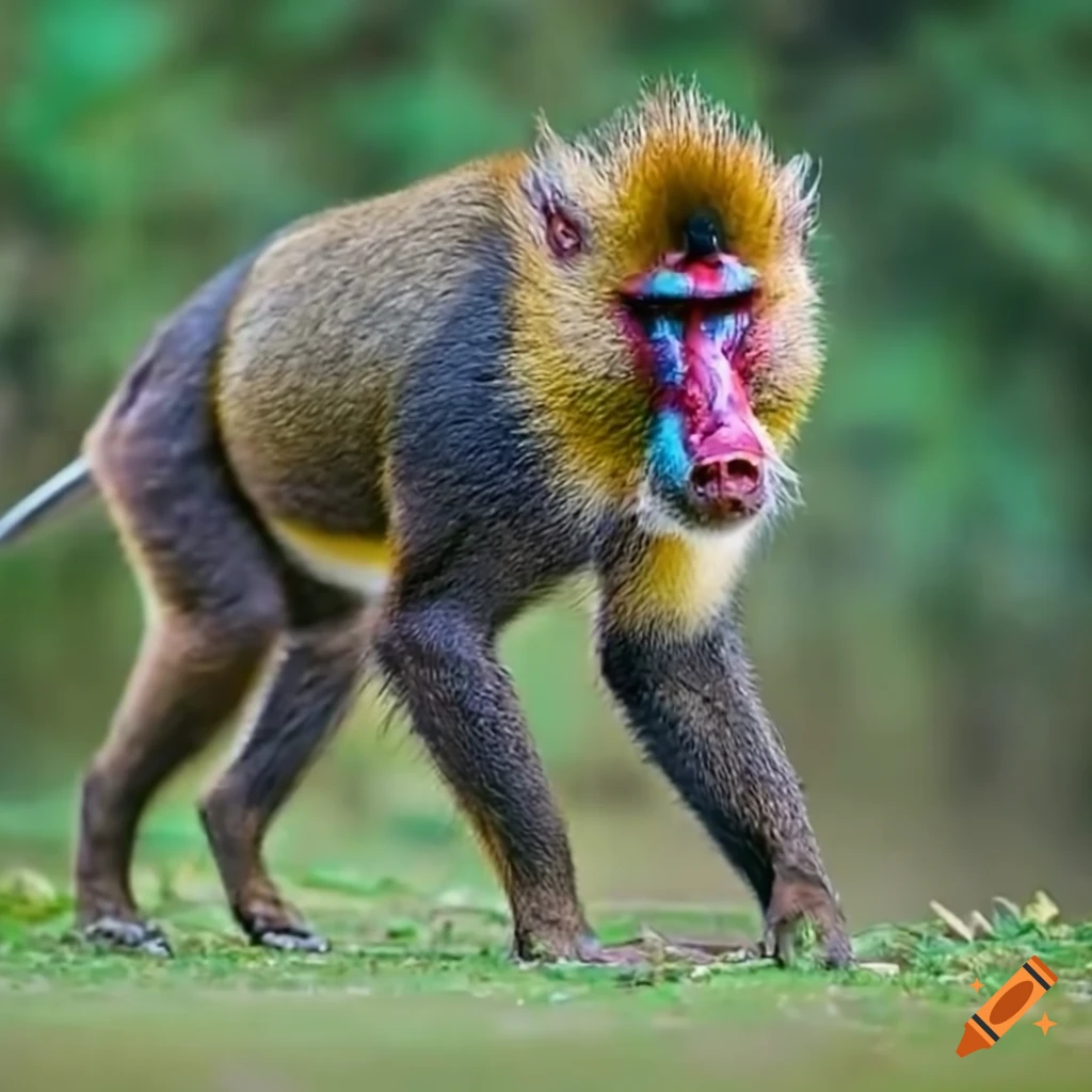 Colorful Mandrill-Wild boar hybrid in full view