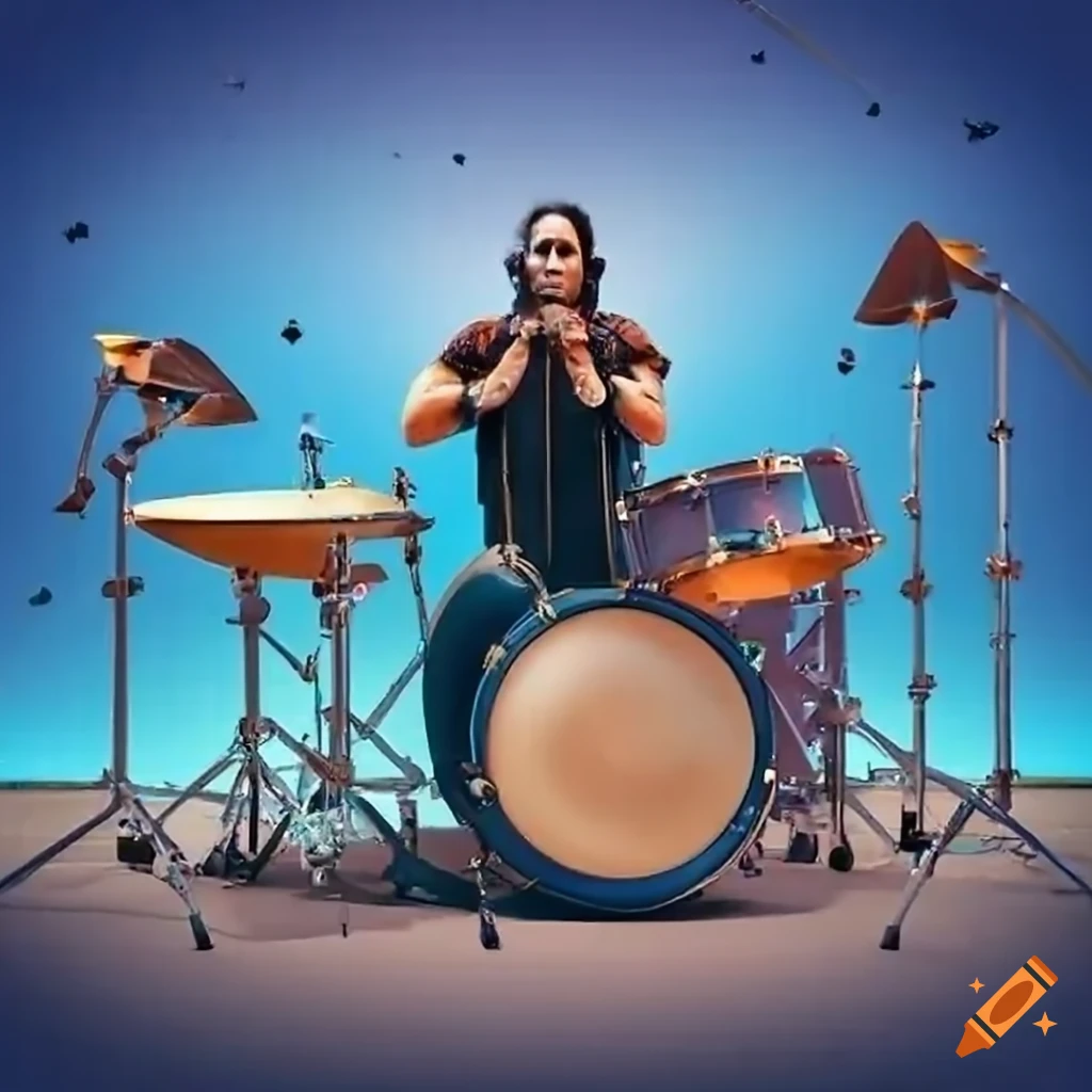 Mysterious rock drummer playing a 7-piece drum kit with chromakey backdrop
