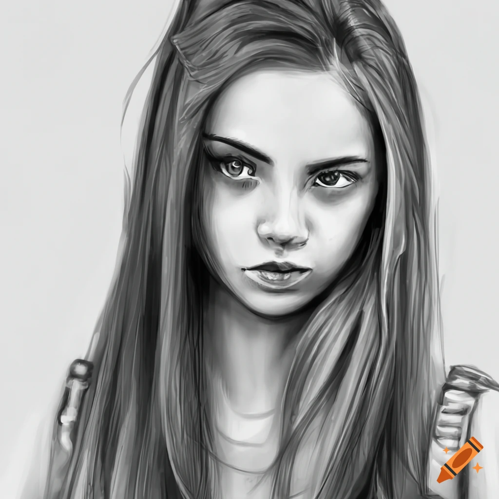 Black and white pencil drawing of a young woman with straight hair backpacking