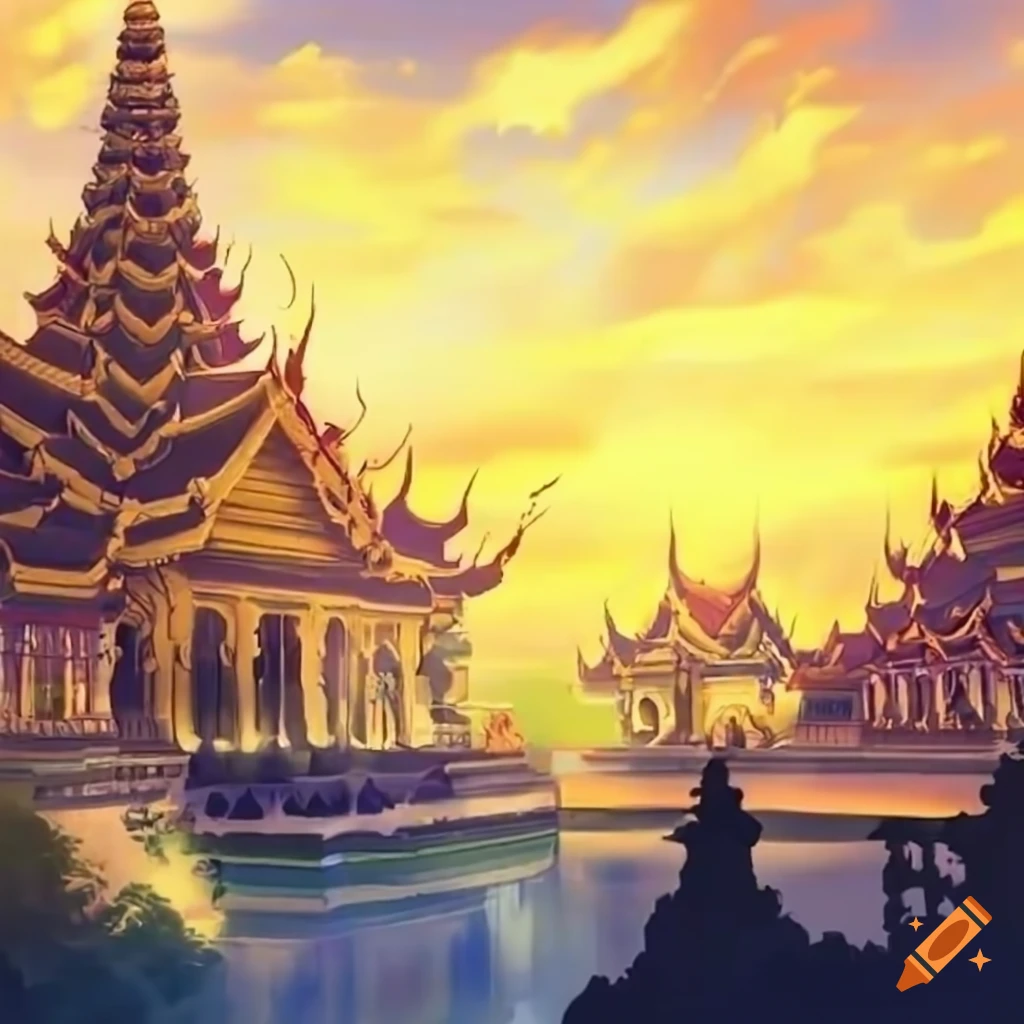Golden Thai kingdom palace background in anime style