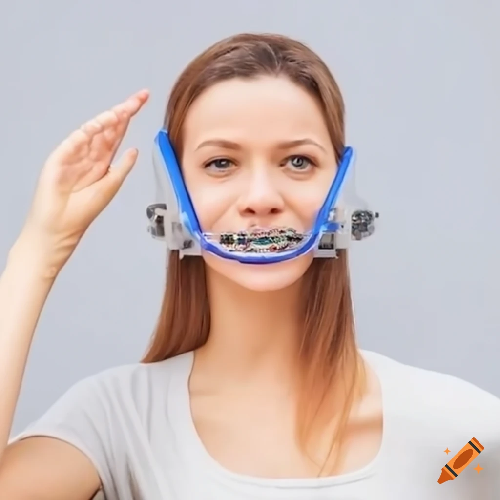 Woman receiving electroconvulsive treatment with orthodontic braces headgear on Craiyon