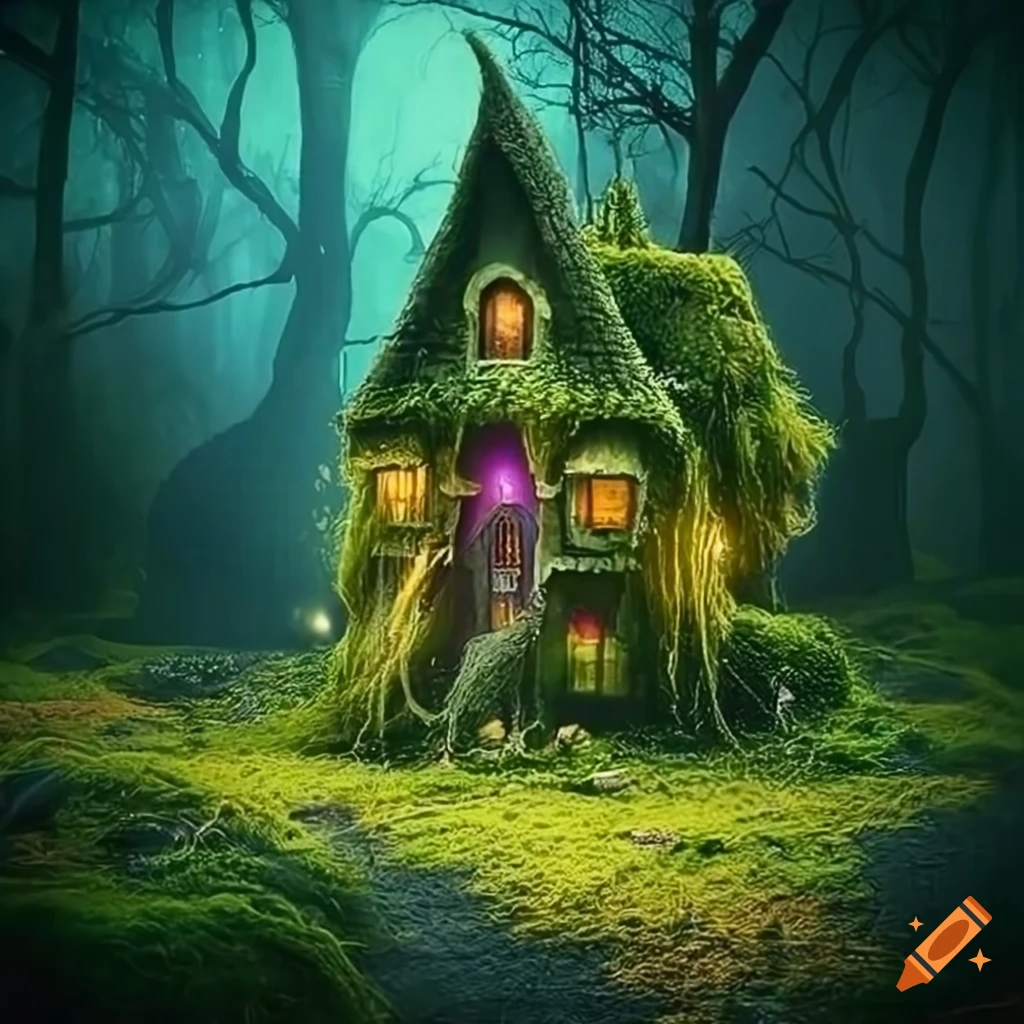 Mosscovered witch's house in an enchanted magic forest with mushrooms