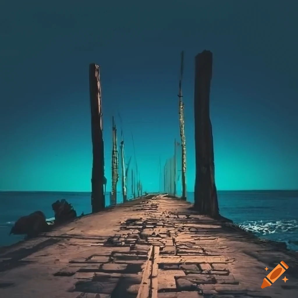 Deserted road leading to dilapidated pier in retrowave grid style