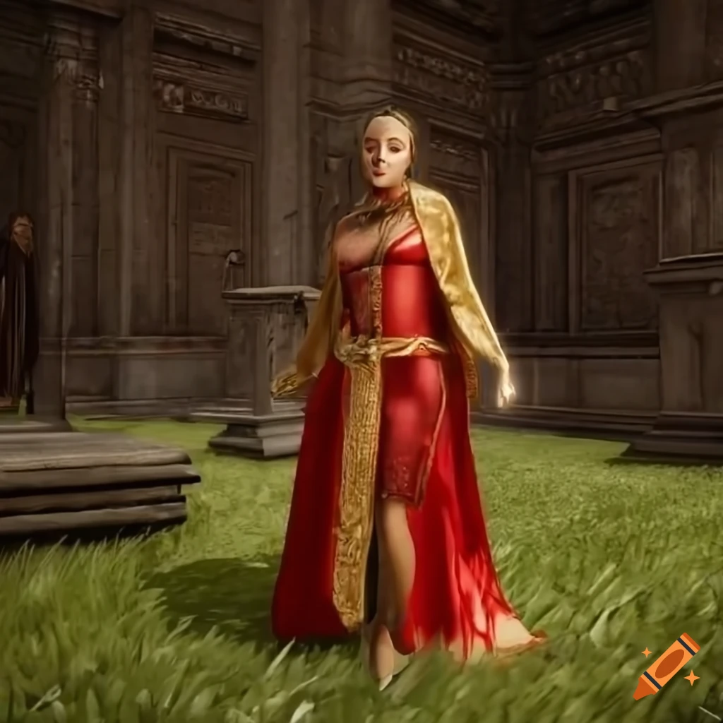 Brown-haired dancer girl with golden staff in front of ancient temple