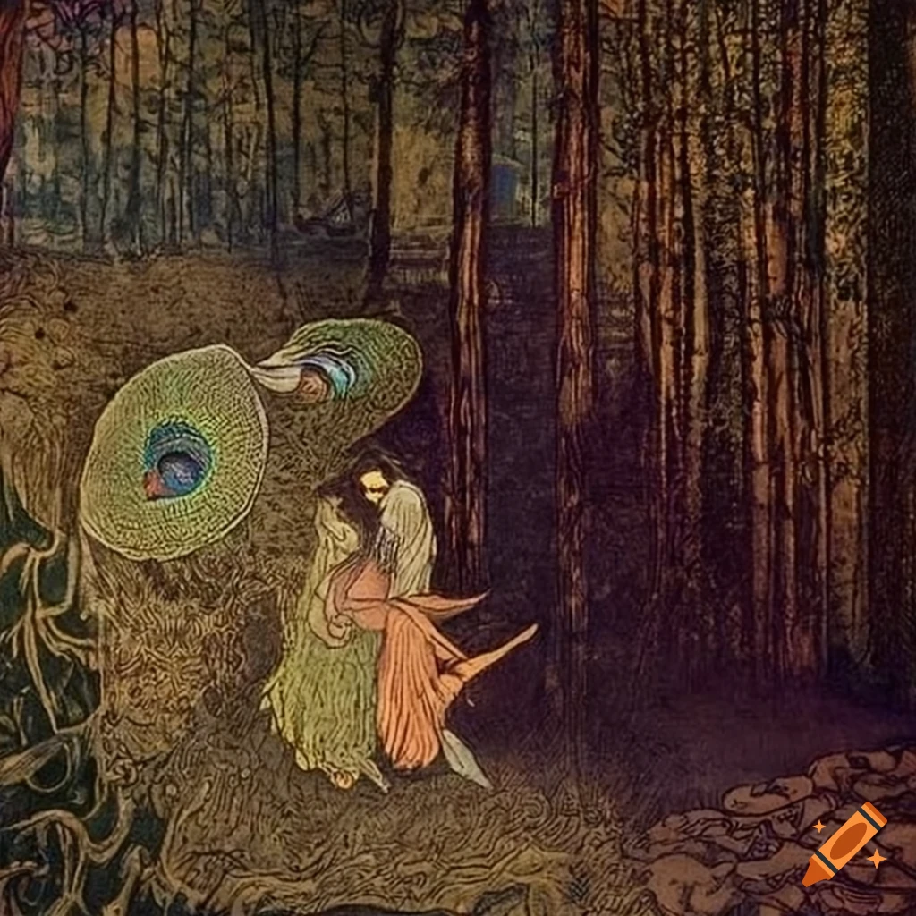 Raven walking in a forest garden at twilight with a colorful iridescent Peacock hooded cloak
