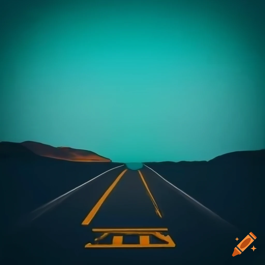 Deserted road leading to dilapidated pier in retrowave grid style