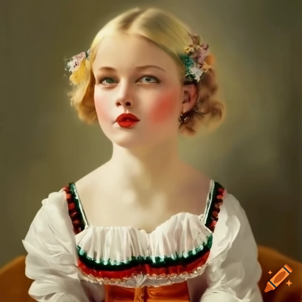 Portrait of a young German woman in traditional 1930s dress with blonde hair