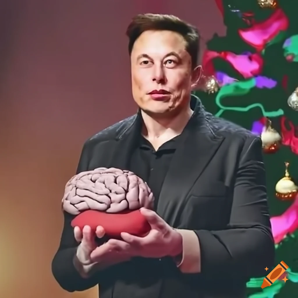 Elon musk holding a brain near a christmas tree on Craiyon