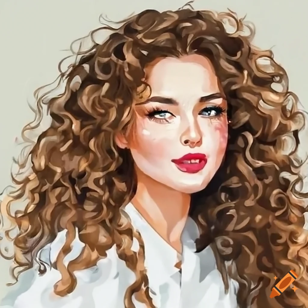 Beautiful woman with long curly brown hair and freckles wearing a white ...