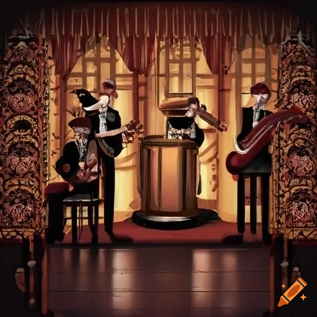 1920s speakeasy with jazz band on stage, perfect for a themed party background
