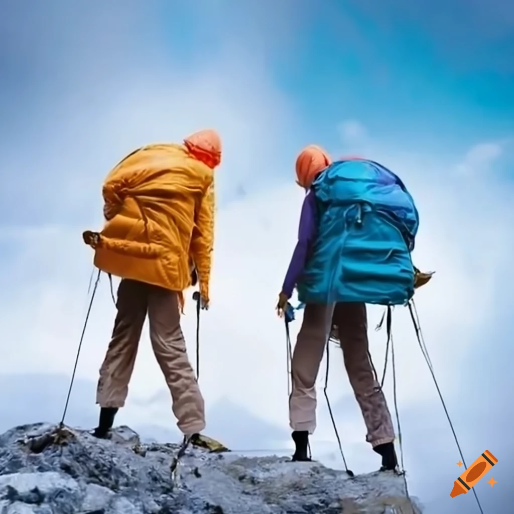 Two people climbing a mountain in unique attire on Craiyon