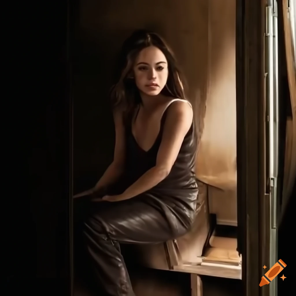 Actress Eliza Dushku lookalike in country plaid shirt and high-waist black leather trousers sitting in a caravan trailer