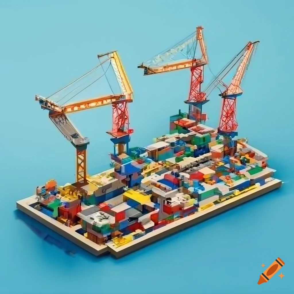 Modular harbor with cranes, containers, and birds eye view, made of Lego bricks