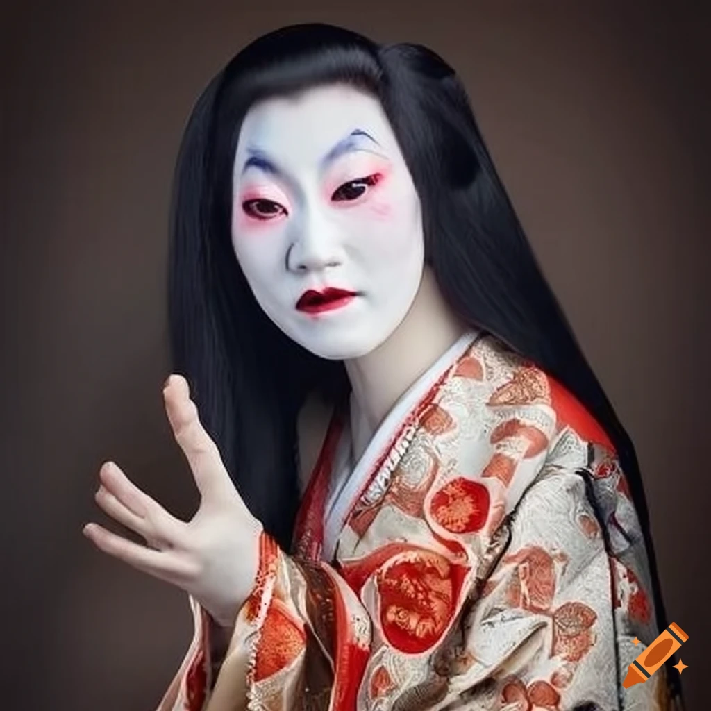 Kabuki performer with multiple heads and large hands on Craiyon