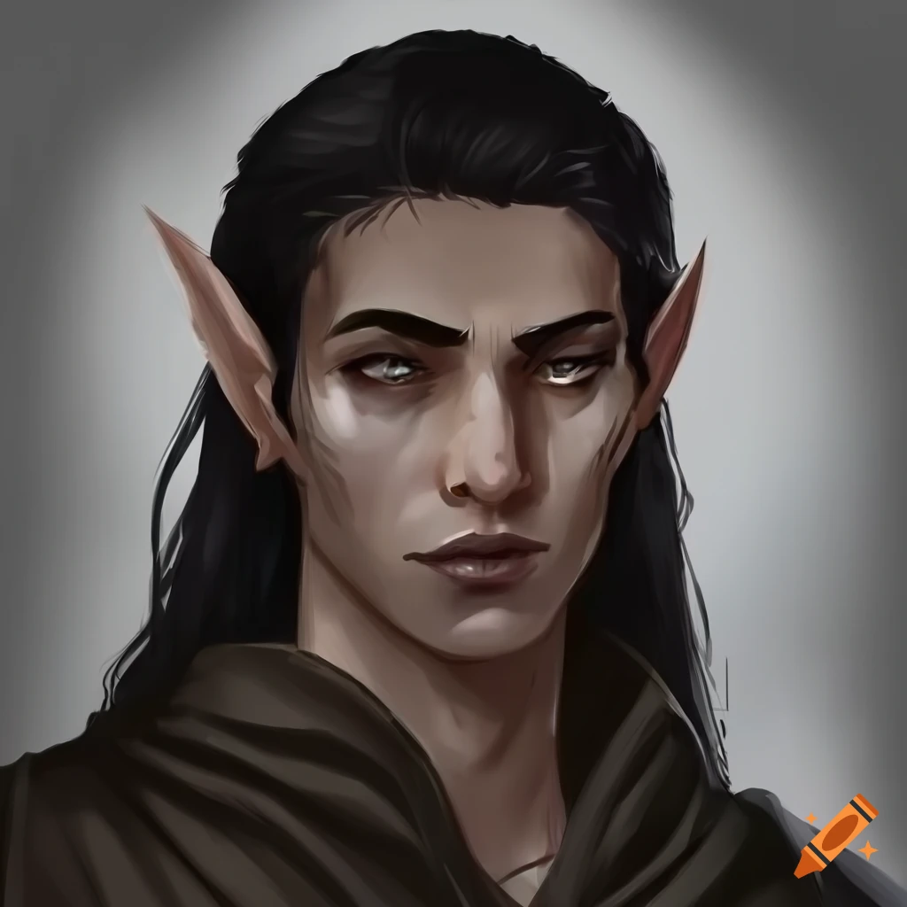 Detailed portrait of a male elf with black hair and open eyes on Craiyon
