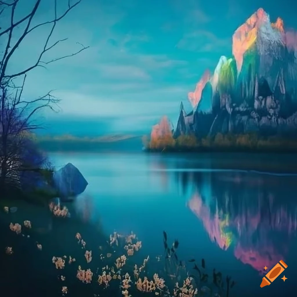 Glistening crystal castle between two distant mountains with river