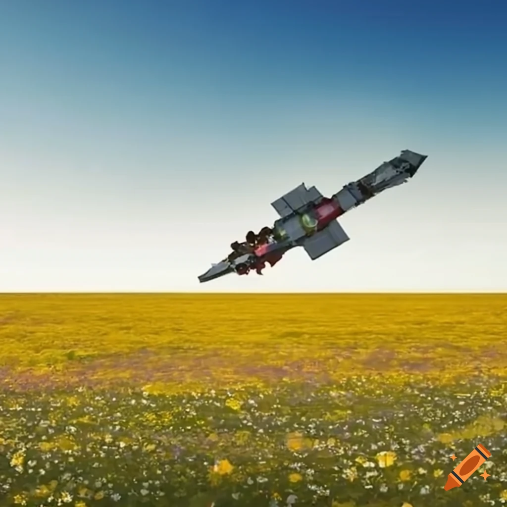 Futuristic spacecraft blasting off in a field of flowers with beautiful ...