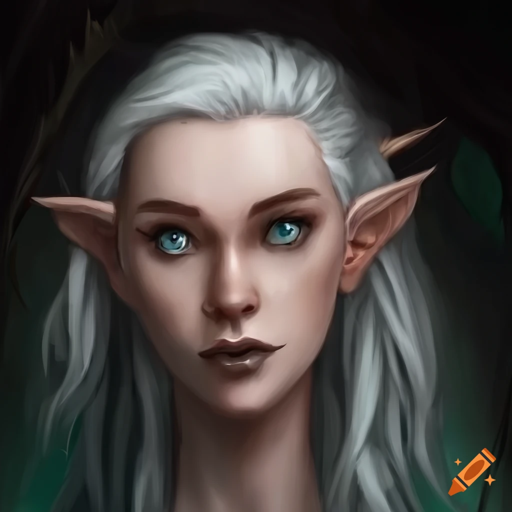Headshot of a white-haired female elf druid with grey eyes and bronze ...