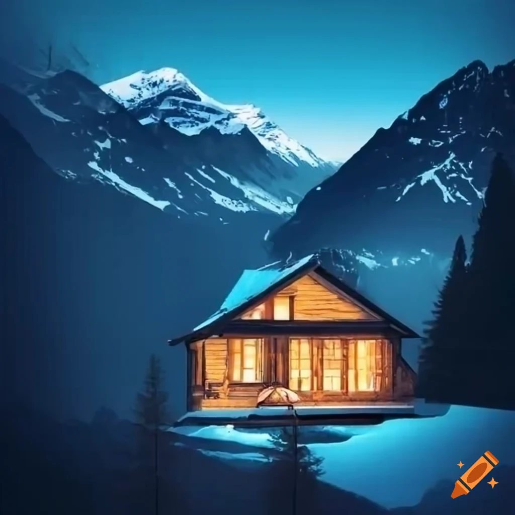House by the mountains with a snowy backdrop and a glass foreground on Craiyon