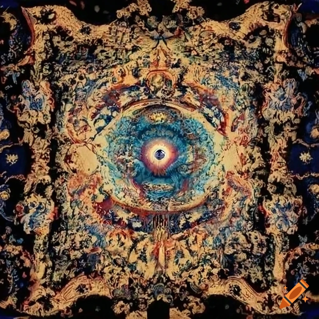 Intricate tapestry illustrating the vastness of the cosmos and the creation and destruction of multiple universes