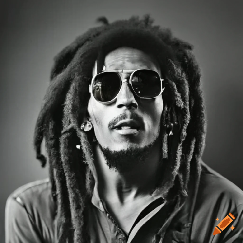 Bob Marley wearing sunglasses and a green cap