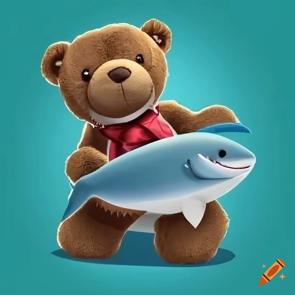 Cute teddy bear in a business meeting with a friendly shark