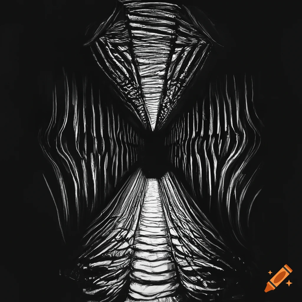 Black and white drawing of a move through a tunnel
