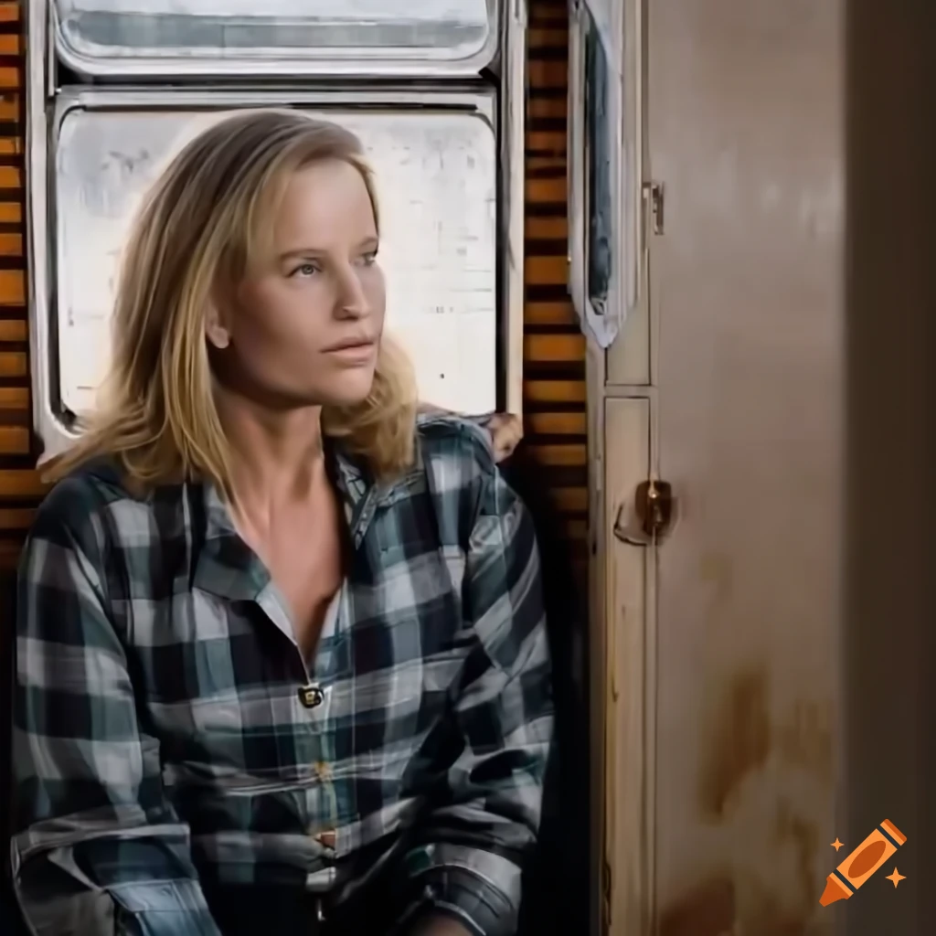 Young woman in plaid shirt and black leather trousers sitting in a caravan trailer