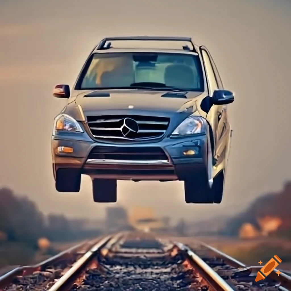 Gray 2004 mercedes ml350 jumping over railroad tracks on Craiyon