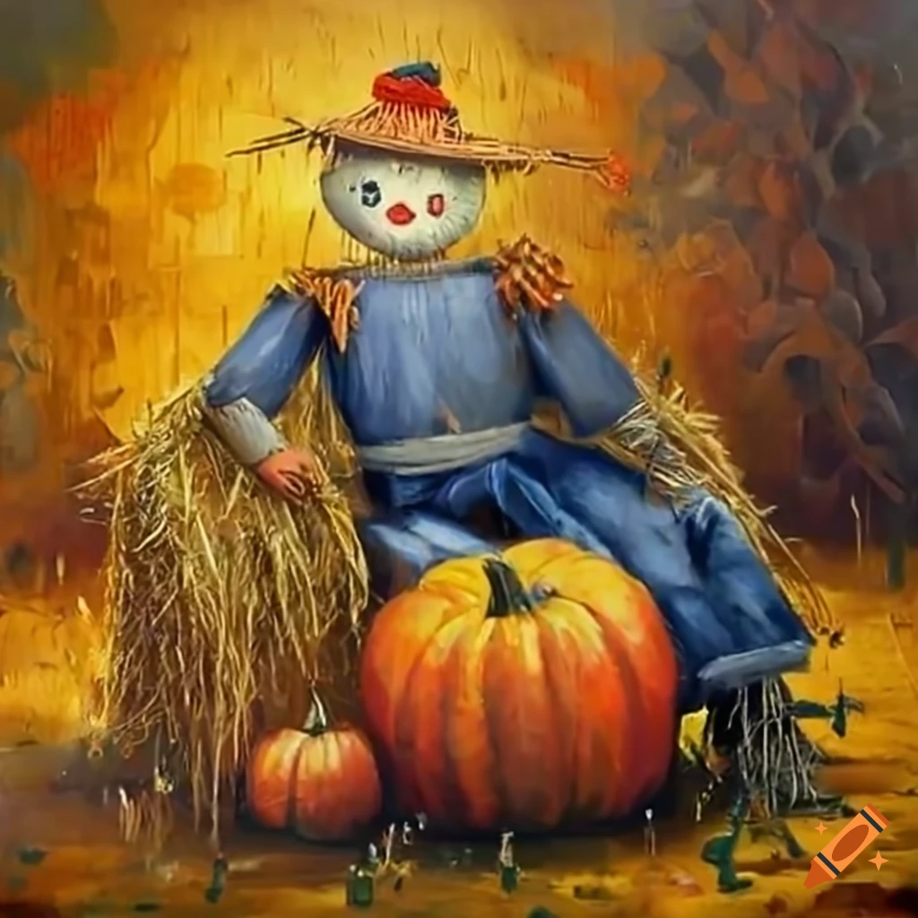Adorable scarecrow tending to pumpkins on a bale of hay